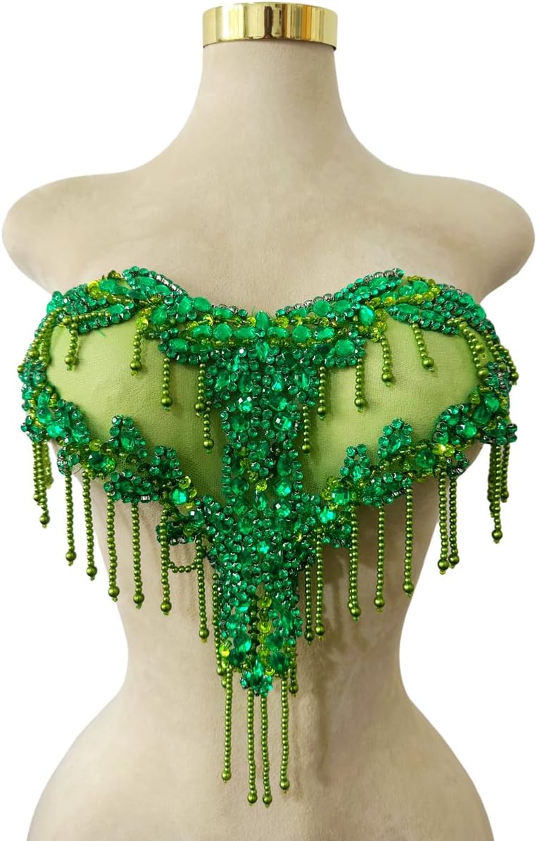 MOPISVN Handmade Crystal on lace Applique Sewing Rhinestones Fringe Beads Sequins Patches Trim Luxury Decoration Accessories for Wedding Dress 17X12.5inches (Light Green) - Image 1